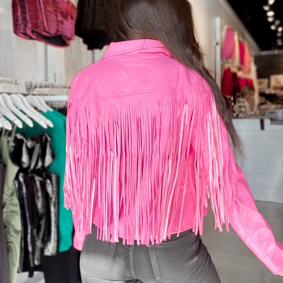 NWT Faux Leather Moto Jacket Pink fringe - Picture 3 of 3